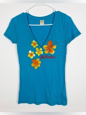 Hollister T Shirt Size Small Blue Floral V Neck Short Sleeve Y2K